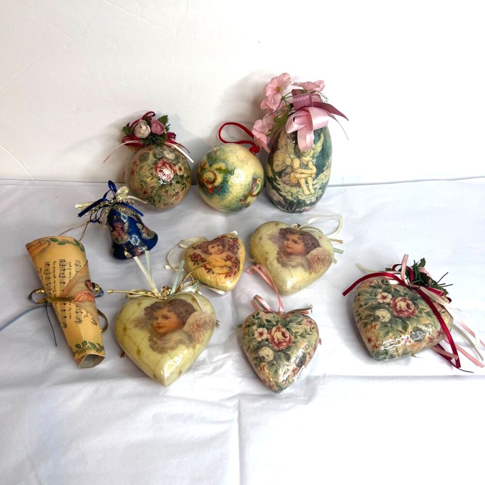 VTG Victorian Decoupage Christmas Tree Ornaments Mixed Lot of 10 Holiday